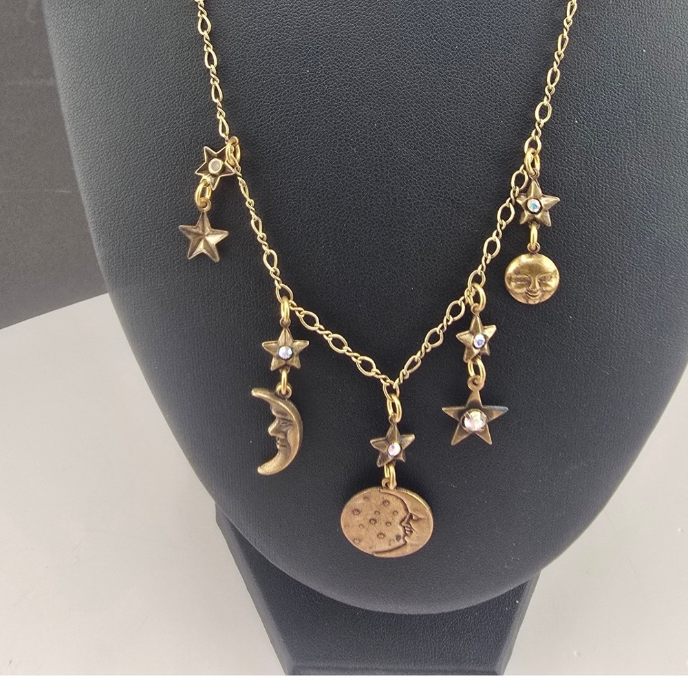 Top Shelf Jewelry Celestial Moon Star Charm Necklace Gold Tone Rhinestone 18in